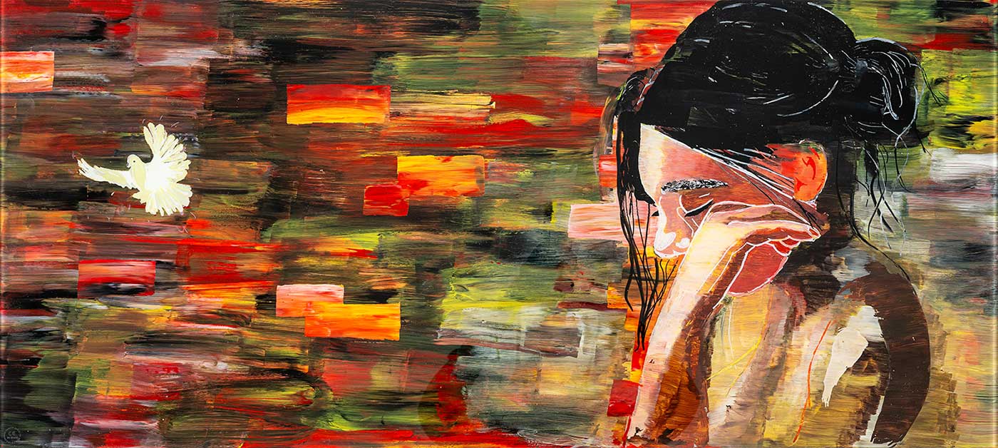 Miroslav Sidlik: Grieving girl / Reverse glass painting, acrylic on glass, 100x45cm / Courtesy of Art X on Glass AG, CH-Aesch BL Image: Art X on Glass