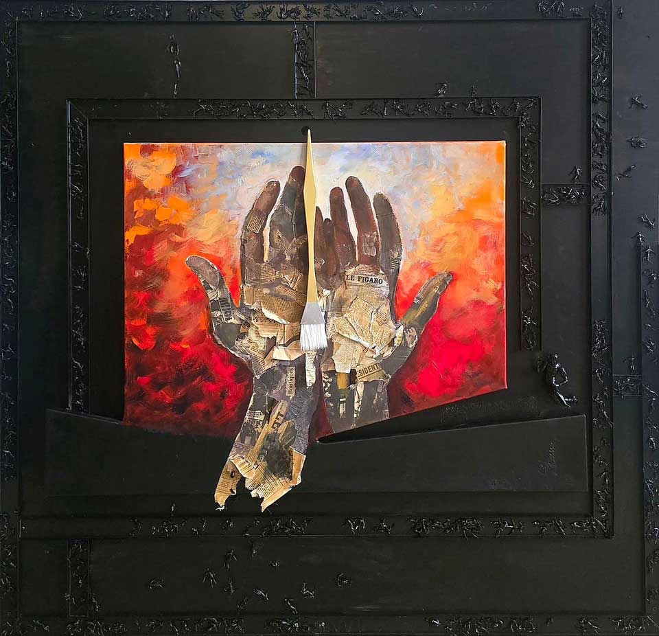 Elena Shaura: Sweeping Pendulum I / Oil and collage on canvas, pendulum-driven kinetic brush mechanism, custom frame with figurative elements, 125x130cm / Courtesy of Shaura Gallery, Paris Image: Elena Shaura