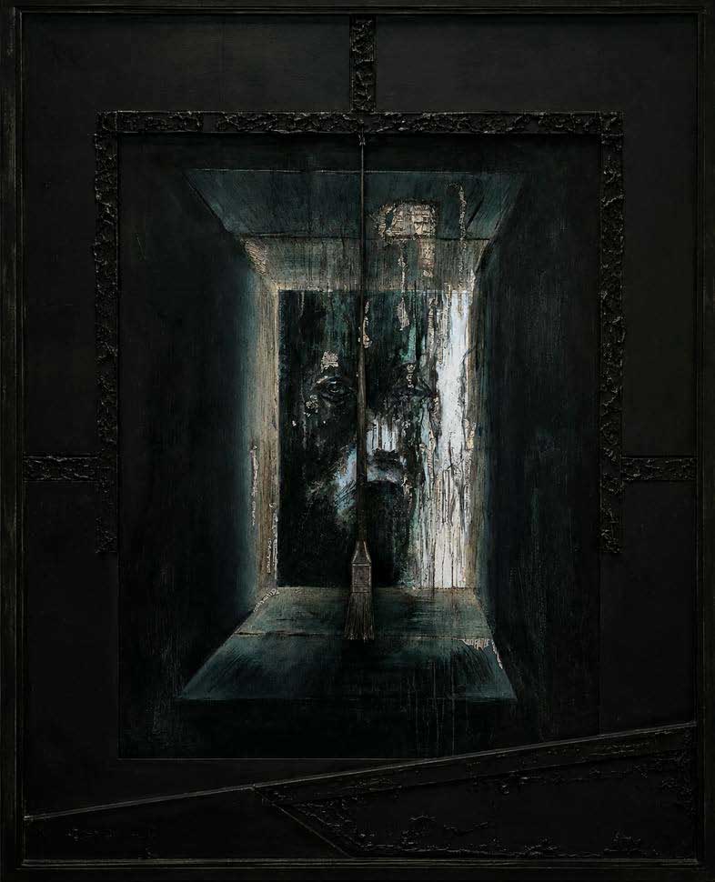 Elena Shaura: Sweeping Pendulum II / Oil and collage on canvas, pendulum-driven kinetic brush mechanism, custom frame with figurative elements, 130x95cm / Courtesy of Shaura Gallery, Paris Image: Elena Shaura